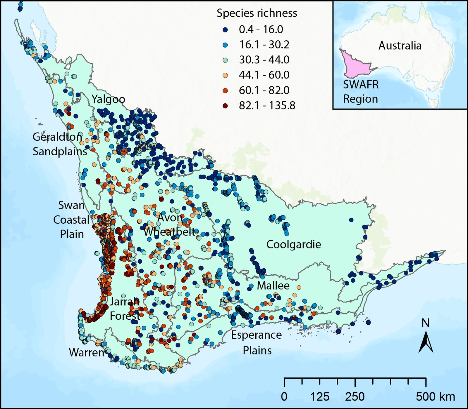 Spatial distribution of species richness samples in the Southwest Australian Floristic Region