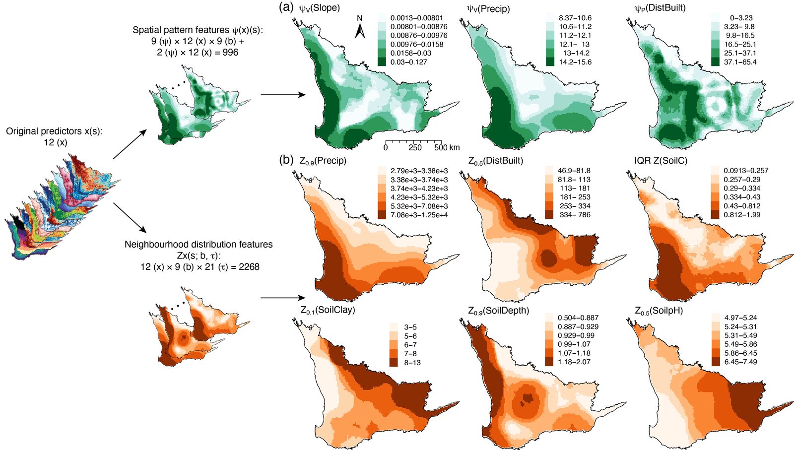 Expansion of twelve covariates into spatial pattern features and neighbourhood distribution features, with the nine derived features selected in the biodiversity case study