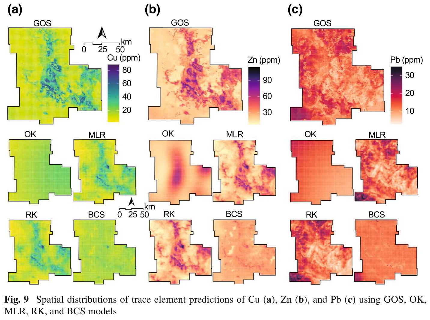 Spatial distributions of Cu, Zn and Pb predictions from GOS, OK, MLR, RK and BCS, Song 2023 Figure 9