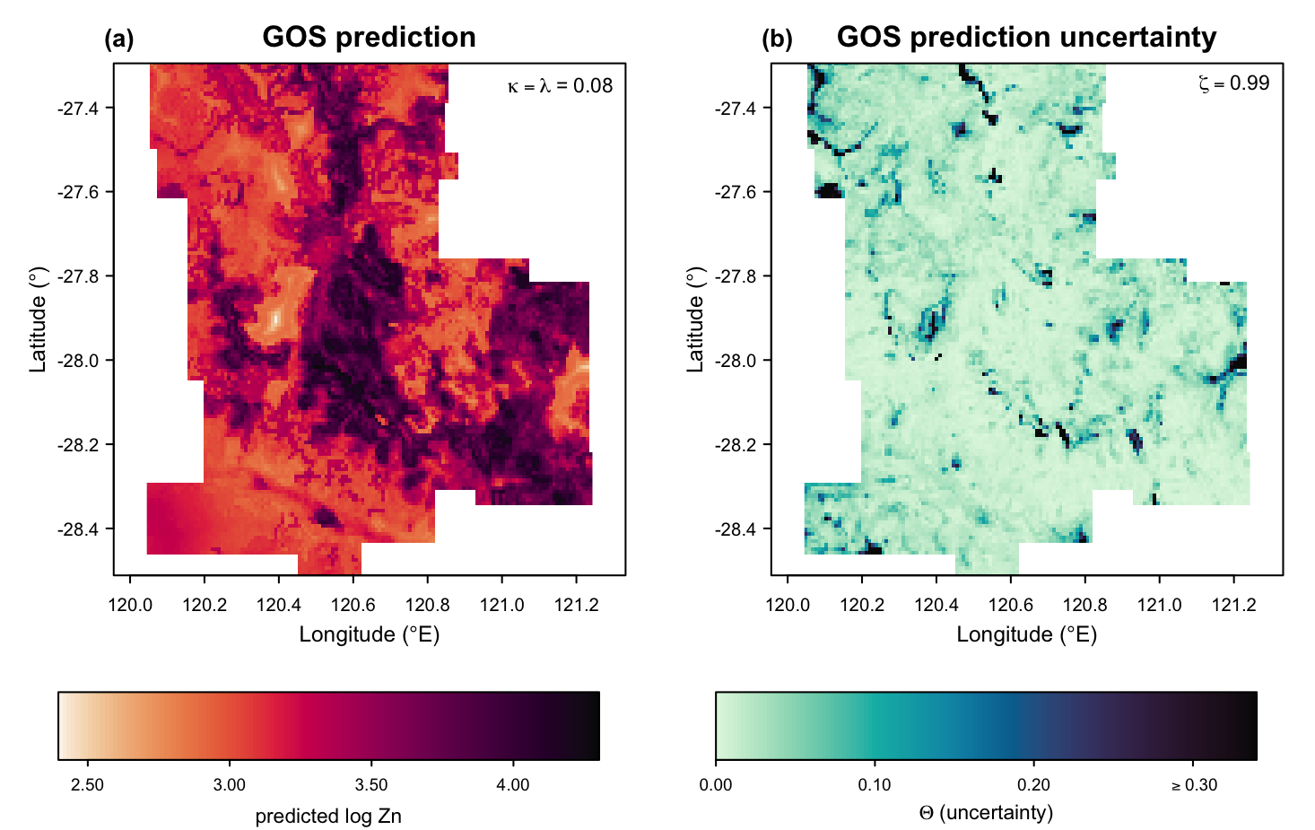 GOS prediction of log Zn and its uncertainty at zeta 0.99 across the 1 km grid, demo run