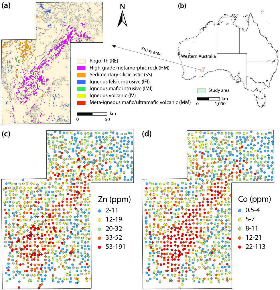 Study area in Western Australia with lithology and the Zn and Co sample distributions, Ren et al. 2026 Figure 3