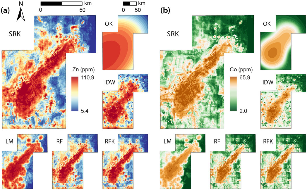 Spatial predictions of Zn and Co from SRK and five benchmark methods, Ren et al. 2026 Figure 9