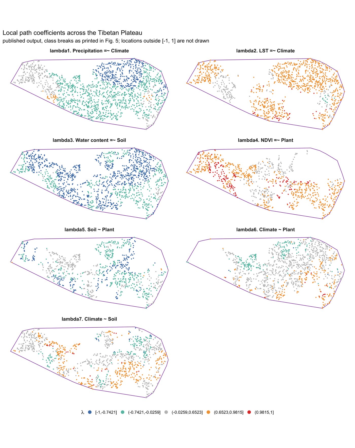 Seven local path coefficient maps across the Tibetan Plateau