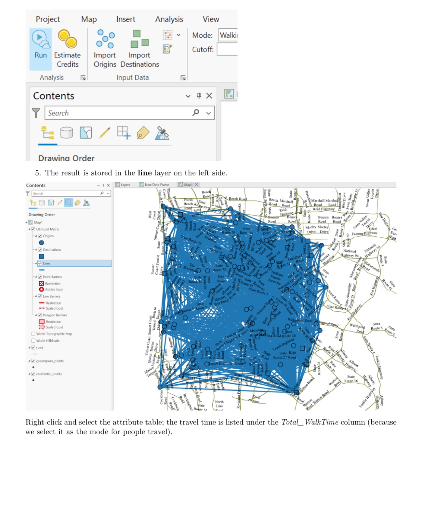 QGIS network analysis result, from the accompanying tutorial