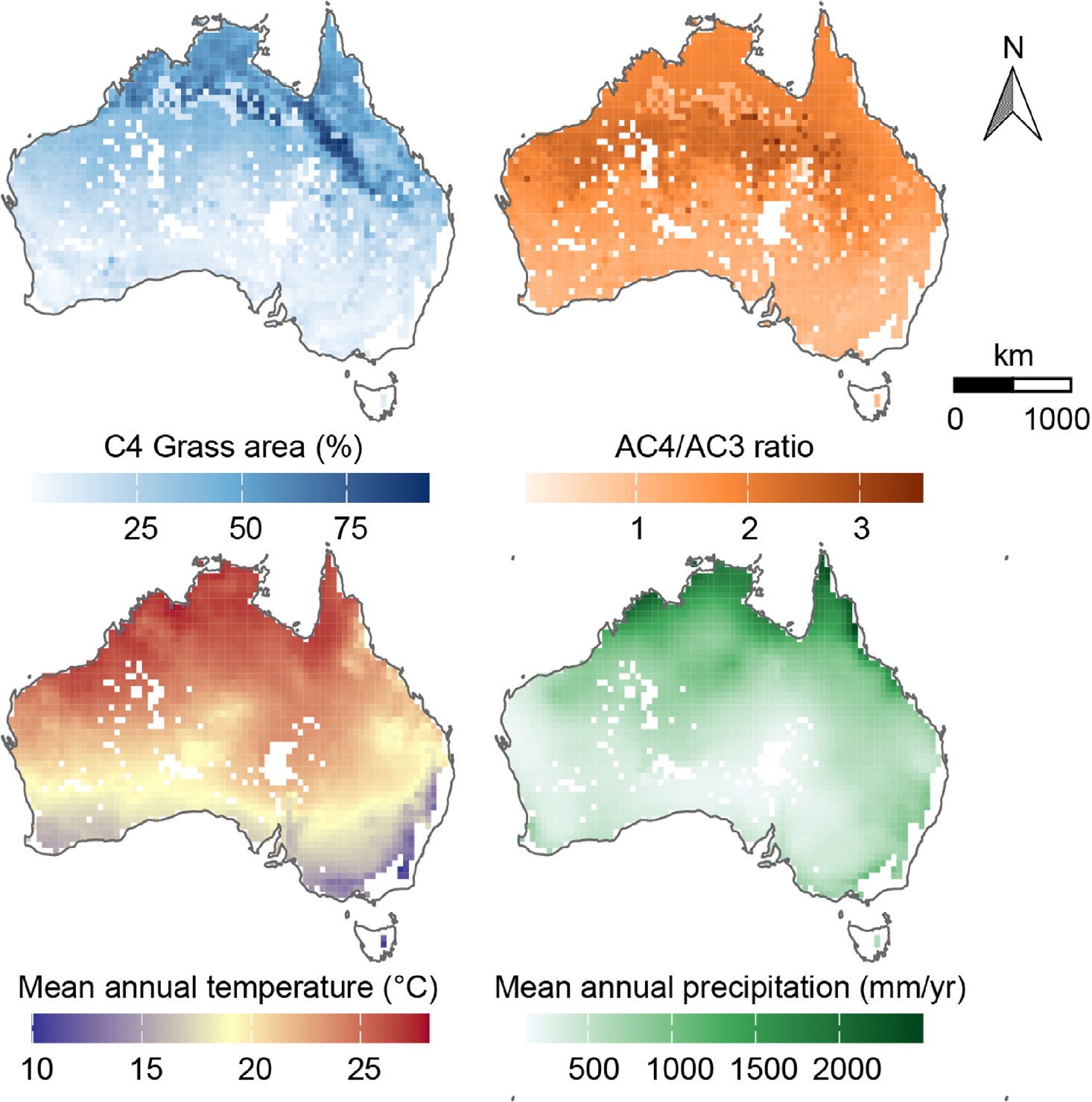 Maps of C4 natural grass area percentage and three environmental predictors across Australia