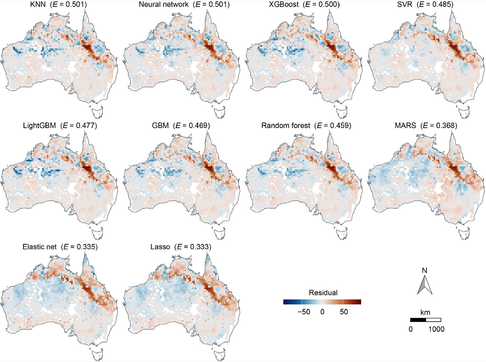 Maps of block cross-validation residuals for ten machine learning models ordered by SIE